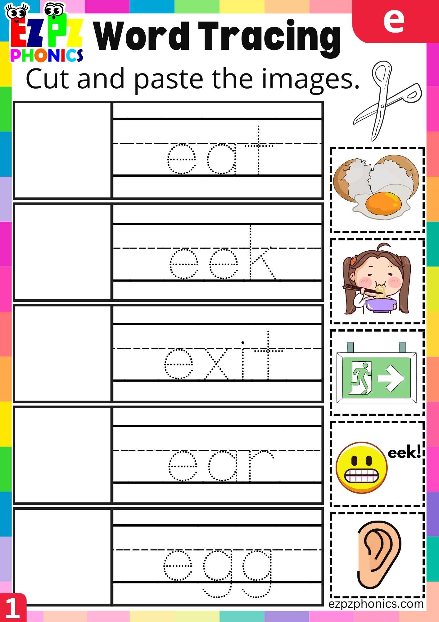 Letter E Word Tracing Beginning Sounds Worksheet